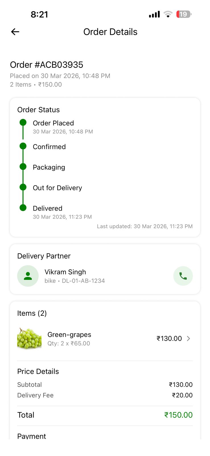 eBasket delivery partner app showing order tracking
