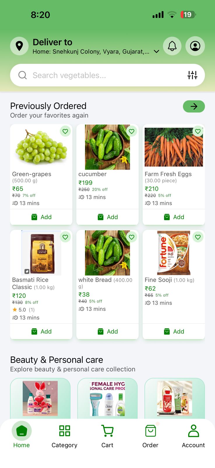 eBasket app showing fresh grocery products
